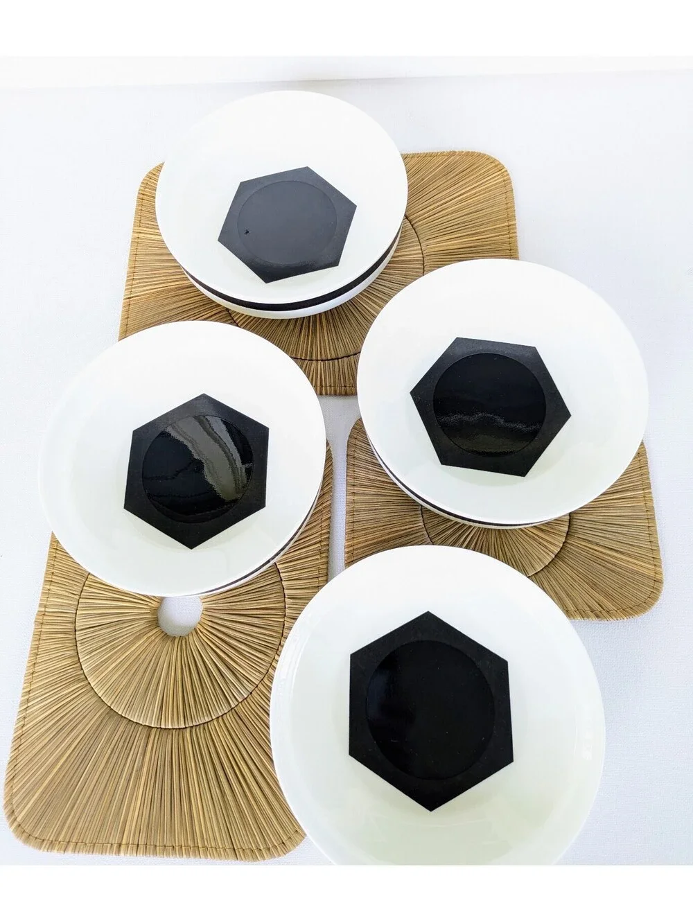 True Vintage Black & White Geometric Bone China Bowls, Mikasa Bakota, late 1970s